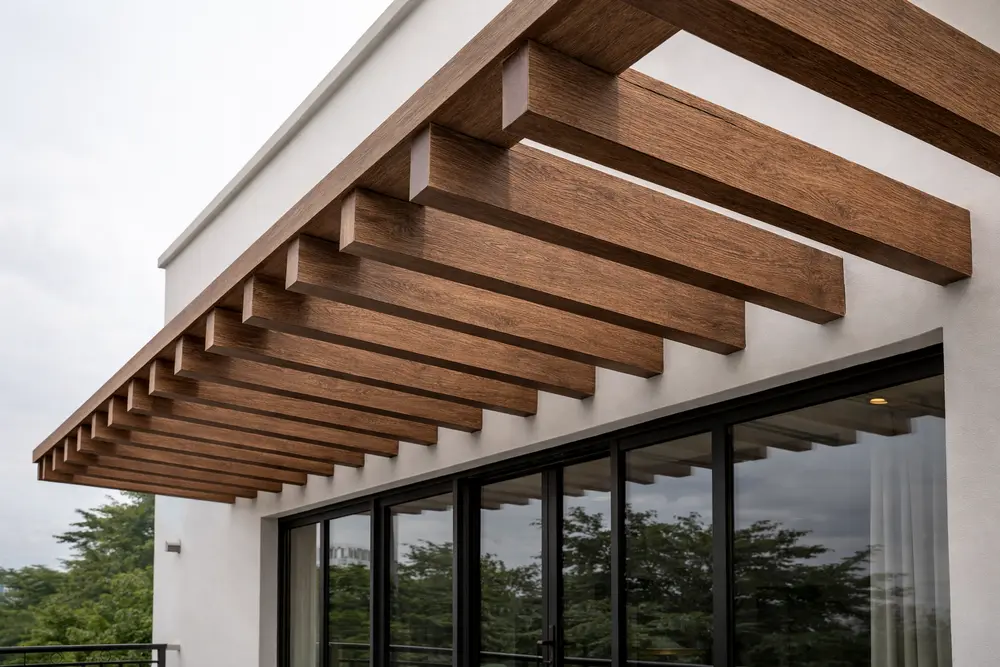 Hệ lam chắn nắng giả gỗ là sự kết hợp hoàn hảo giữa công năng chống nóng và trang trí mặt tiền