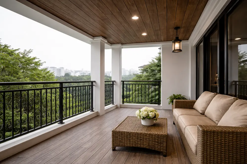 Trần ban công giả gỗ tạo điểm nhấn ấm áp và sạch sẽ cho khu vực thư giãn ngoài trời