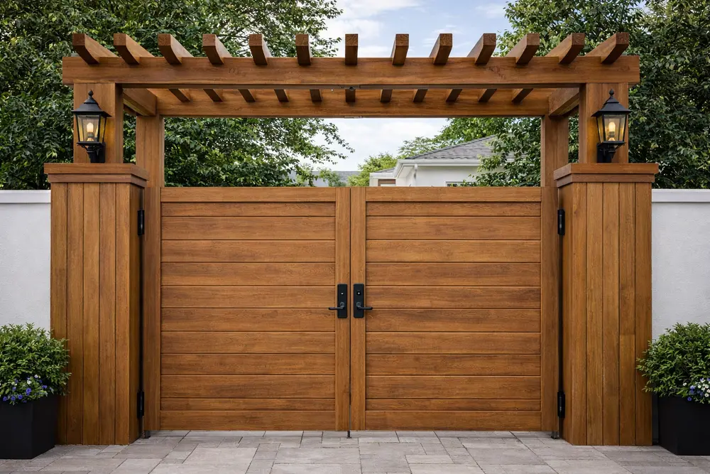 Cổng nhà vân gỗ mang lại ấn tượng đầu tiên sang trọng và chắc chắn cho ngôi nhà