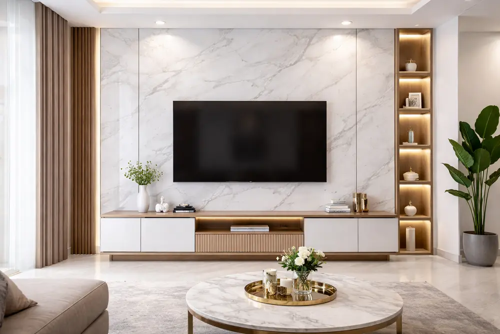 Tông màu trắng vân mây giúp không gian phòng khách trở nên sáng bừng và cực kỳ sang trọng