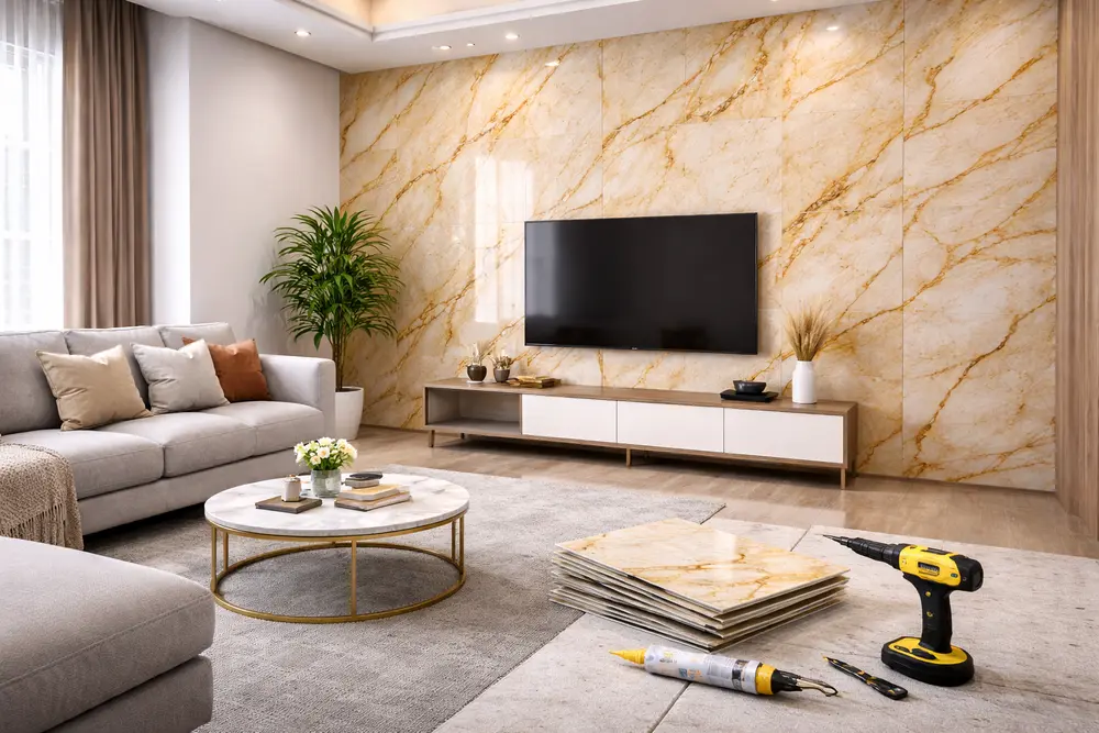 Sắc vàng cẩm thạch mang lại sự sung túc và cảm giác ấm cúng cho không gian đón khách