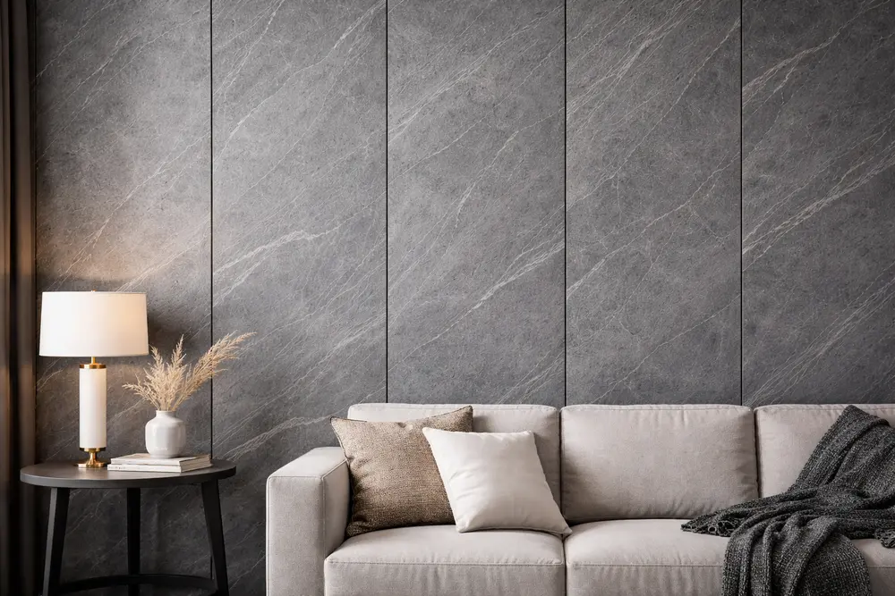 Vân đá Slate xám tro giúp không gian trở nên hiện đại và đậm chất kiến trúc đương đại