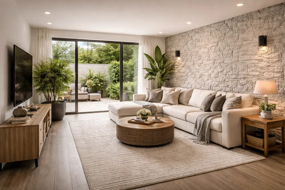 Mẫu tấm ốp PU Foam giả đá suối tạo điểm nhấn ấn tượng cho phòng khách hiện đại