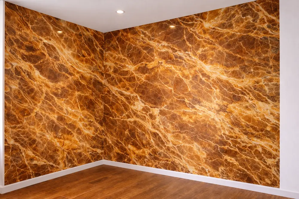 Vân đá nâu hổ phách tạo ấn tượng mạnh mẽ cho không gian