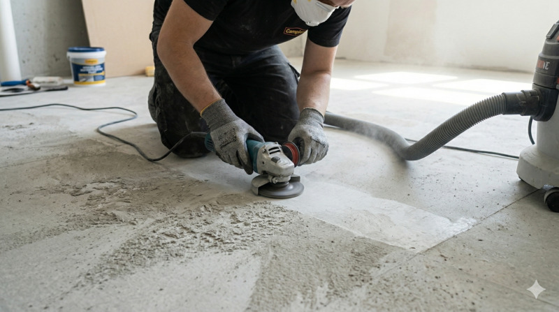 Quy trình Kỹ Thuật Chống Thấm Tấm Cemboard 7 bước chi tiết 3 Sử dụng máy mài cầm tay để làm phẳng các điểm gồ ghề trên bề mặt tấm Cemboard xám