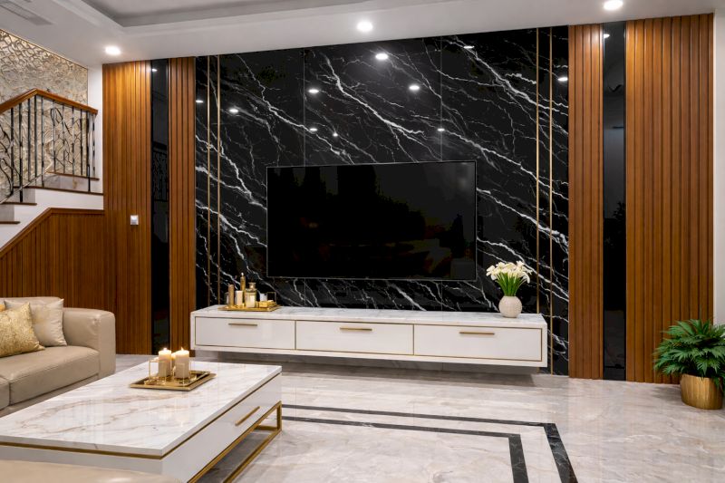 Tổng hợp 40 mẫu ốp nhựa giả đá phòng khách bền đẹp, giá ưu đãi 27 Sắc đen tia chớp từ pvc vân đá tạo chiều sâu và vẻ đẹp huyền bí cho bức tường nhấn sau tivi.