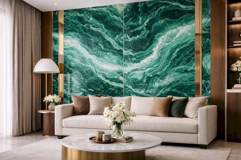 Tổng hợp 40 mẫu ốp nhựa giả đá phòng khách bền đẹp, giá ưu đãi 29 Sắc xanh ngọc bích của tấm PVC vân đá mang hơi thở thiên nhiên vào ngay giữa lòng phòng khách hiện đại.