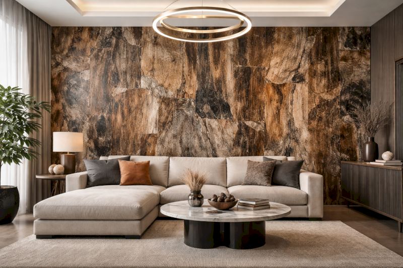 Tổng hợp 40 mẫu ốp nhựa giả đá phòng khách bền đẹp, giá ưu đãi 32 Vân gỗ hóa thạch từ pvc vân đá tạo cảm giác hoài cổ và độc bản cho phòng khách.