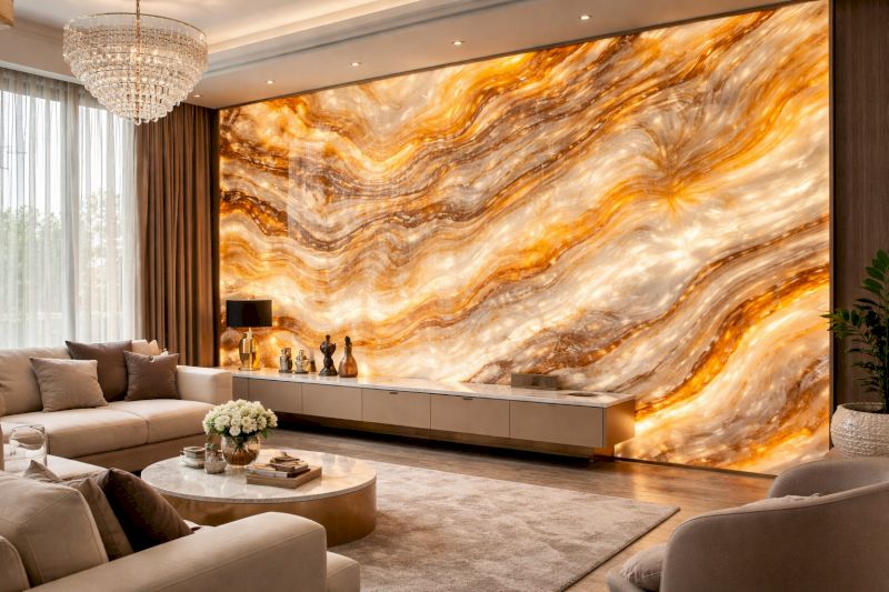 Tổng hợp 40 mẫu ốp nhựa giả đá phòng khách bền đẹp, giá ưu đãi 33 Sự quý phái của pvc vân đá Onyx nâng tầm thẩm mỹ không gian lên một bậc.