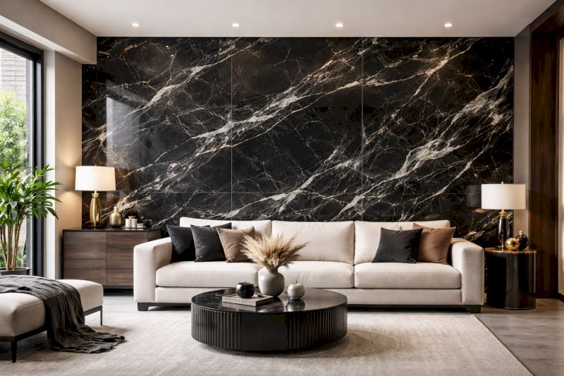 Tổng hợp 40 mẫu ốp nhựa giả đá phòng khách bền đẹp, giá ưu đãi 34 Vẻ đẹp huyền bí của tấm PVC vân đá mây đen rất phù hợp với ánh sáng vàng ấm.