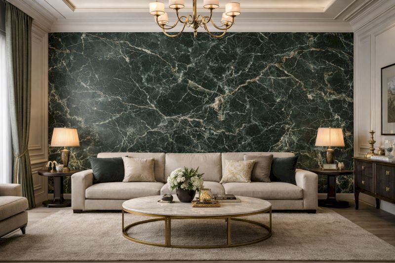 Tổng hợp 40 mẫu ốp nhựa giả đá phòng khách bền đẹp, giá ưu đãi 36 Sắc xanh sâu thẳm từ tấm PVC vân đá rêu tạo nên một không gian sống đầy tính nghệ thuật và chiều sâu.