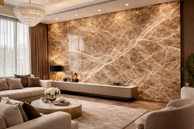 Tổng hợp 40 mẫu ốp nhựa giả đá phòng khách bền đẹp, giá ưu đãi 37 Tông nâu ấm từ tấm PVC vân đá giúp điều hòa sắc thái cho những căn phòng có quá nhiều ánh sáng trắng.