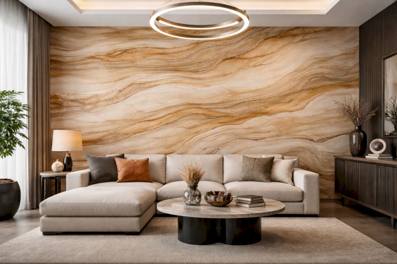 Tổng hợp 40 mẫu ốp nhựa giả đá phòng khách bền đẹp, giá ưu đãi 39 Sắc vàng cát của tấm PVC vân đá sa thạch mang lại sự phóng khoáng và tự do cho phòng khách.