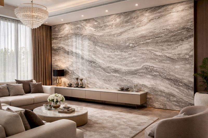 Tổng hợp 40 mẫu ốp nhựa giả đá phòng khách bền đẹp, giá ưu đãi 40 Vân sọc dọc của tấm PVC vân đá xám bạc tạo hiệu ứng thị giác giúp phòng khách trông cao và thoáng hơn.