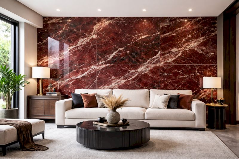Tổng hợp 40 mẫu ốp nhựa giả đá phòng khách bền đẹp, giá ưu đãi 41 Sắc đỏ quyền lực từ tấm PVC vân đá Ruby là biểu tượng của sự may mắn và thịnh vượng.