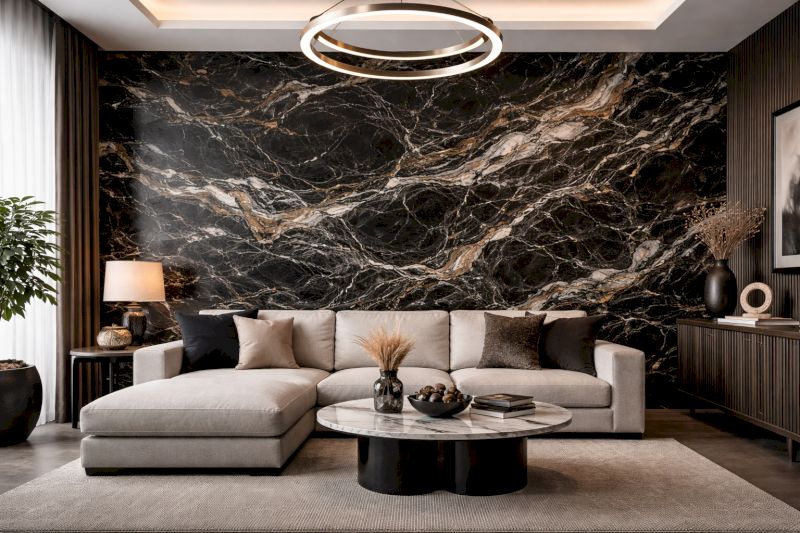 Tổng hợp 40 mẫu ốp nhựa giả đá phòng khách bền đẹp, giá ưu đãi 42 Sự lấp lánh kín đáo từ tấm PVC vân đá bồ kết tạo nên nét quyến rũ khó cưỡng cho bức tường tivi.