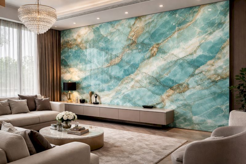 Tổng hợp 40 mẫu ốp nhựa giả đá phòng khách bền đẹp, giá ưu đãi 43 Màu xanh Turquoise của tấm PVC vân đá mang lại sự tươi mát và tràn đầy cảm hứng sáng tạo.