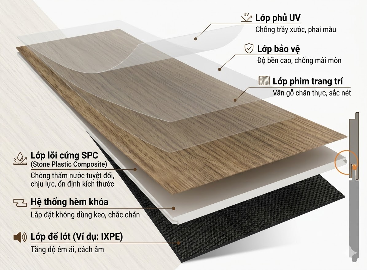 Sàn nhựa giả gỗ có hèm khoá có cấu tạo nhiều lớp phức tạp