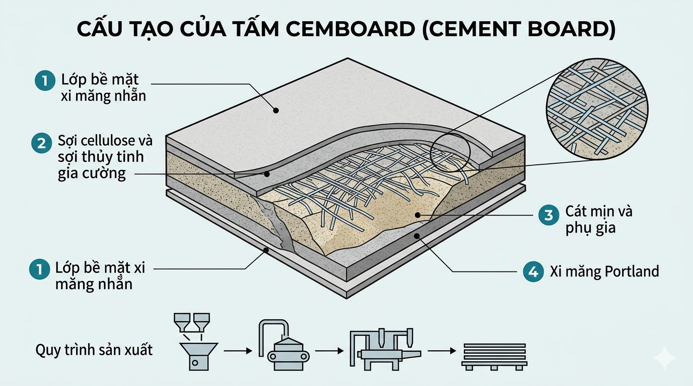 Tấm Cemboard được cấu tạo bởi 3 lớp chính
