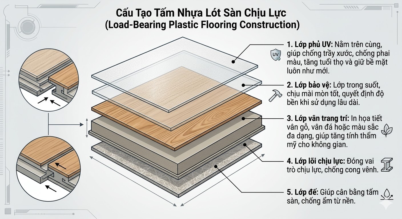 Giá tấm nhựa lót sàn chịu lực giả gỗ ngoài trời các loại 2026 11 Tấm nhựa lót sàn chịu lực có cấu tạo 5 lớp chắc chắn