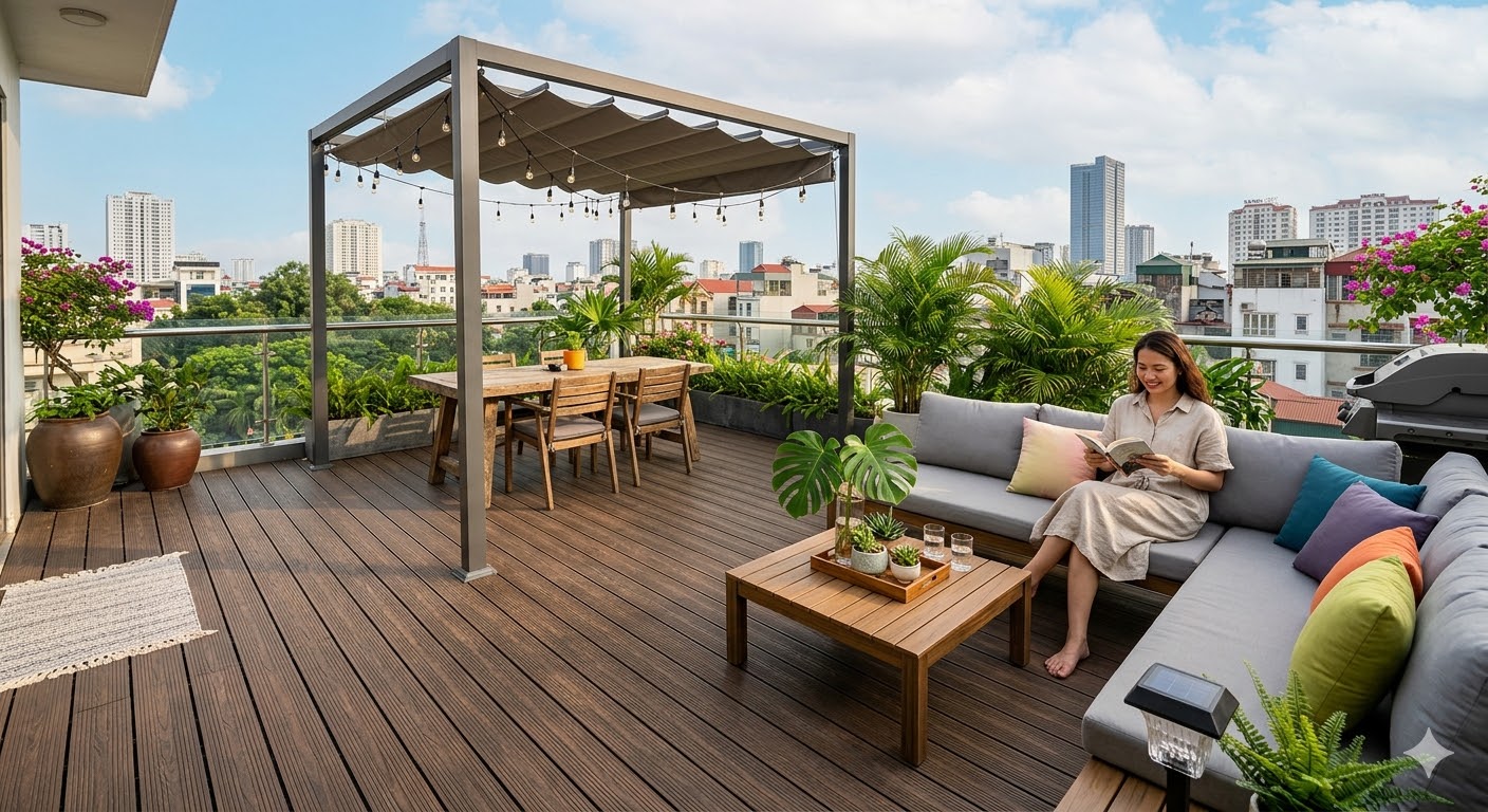 Ván sàn nhựa giả gỗ lát sàn sân thượng