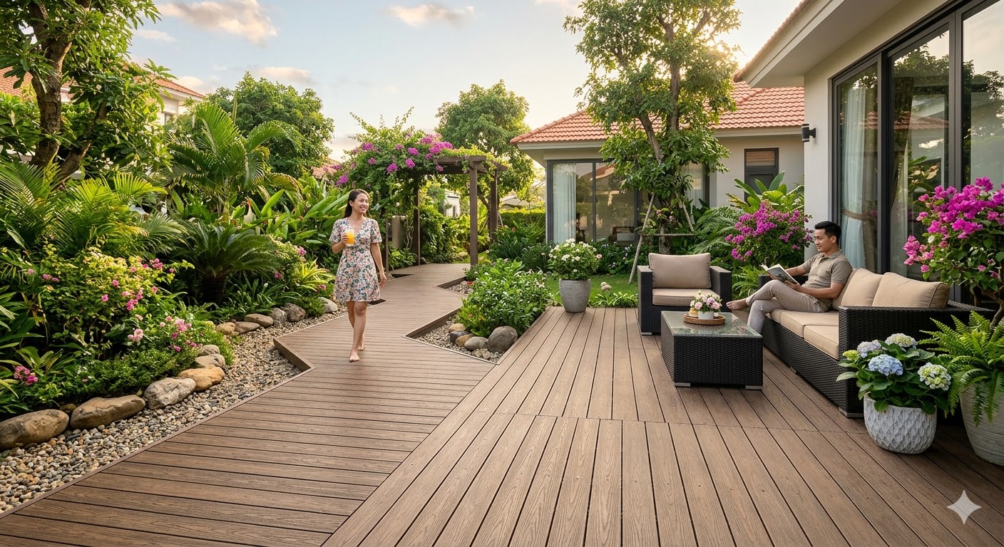 Ván sàn nhựa giả gỗ lát sàn sân vườn