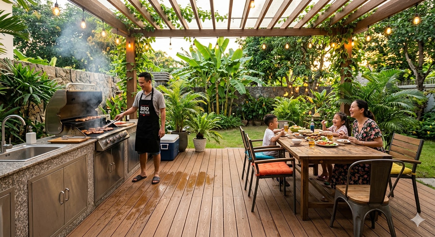 Ván sàn nhựa giả gỗ lát sàn bếp ngoài trời