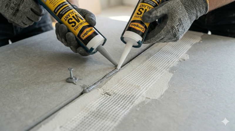 Quy trình Kỹ Thuật Chống Thấm Tấm Cemboard 7 bước chi tiết 4 Dải lưới thủy tinh gia cường và phủ lớp bột xử lý mối nối