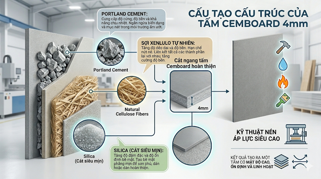 Tấm Cemboard 4mm có cấu tạo 3 lớp chặt chẽ