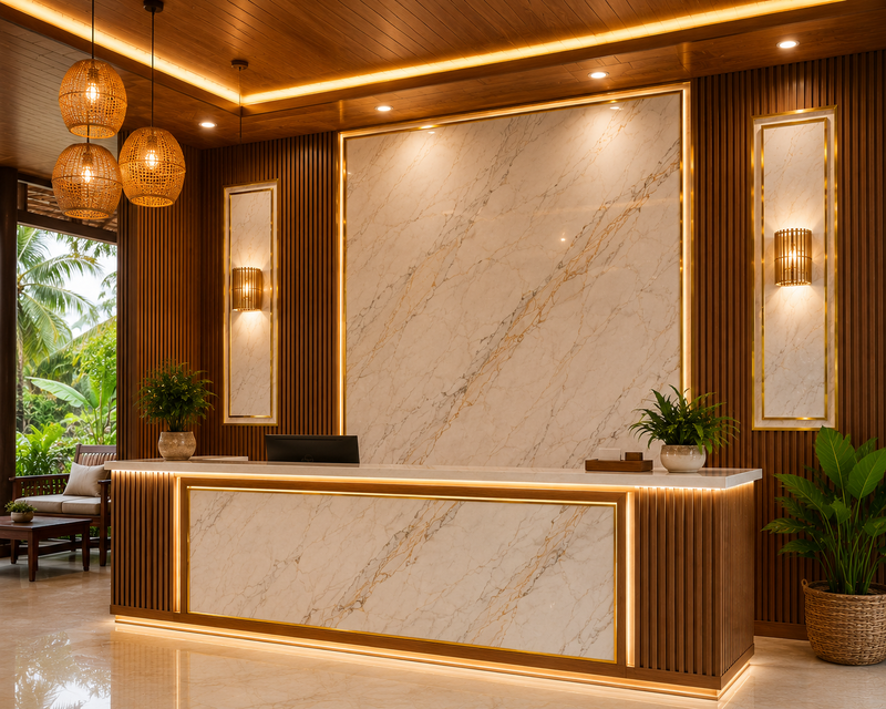 Vách lễ tân homestay lộng lẫy nhờ sự kết hợp giữa tấm nhựa giả đá và nẹp viền trang trí