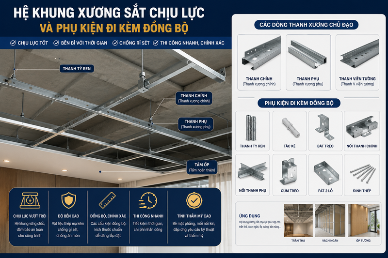 Hệ thống khung xương sắt mạ kẽm và các phụ kiện vít chuyên dụng đi kèm