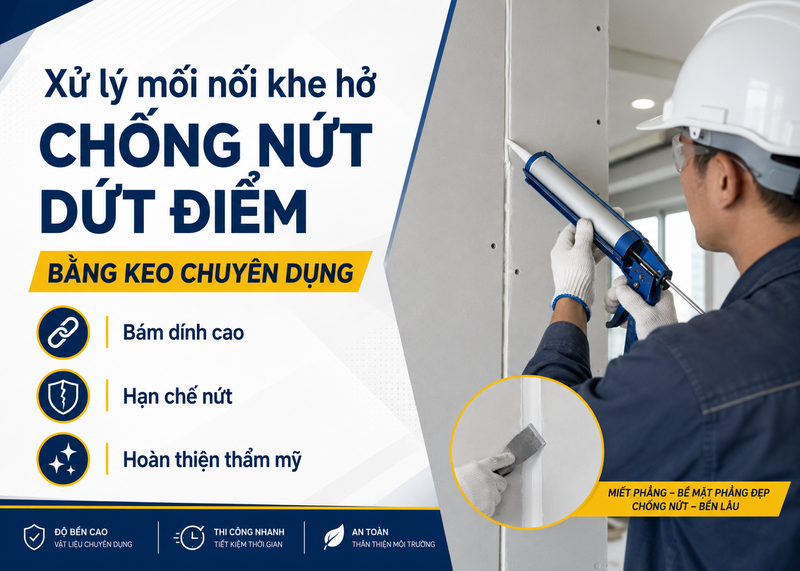 Công đoạn trét keo và dán băng lưới thủy tinh gia cố dọc theo khe nối tấm