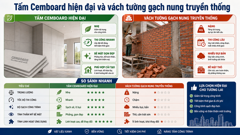 Tấm Cemboard hiện đại và vách tường gạch nung truyền thống