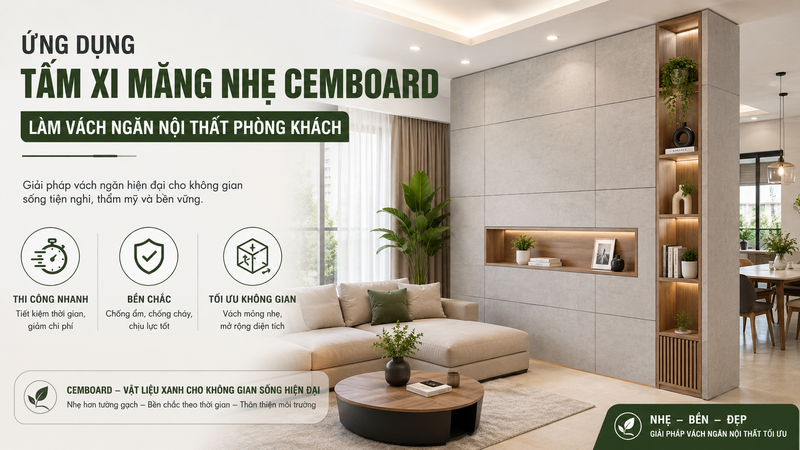 Ứng dụng tấm xi măng nhẹ Cemboard làm vách ngăn nội thất phòng khách
