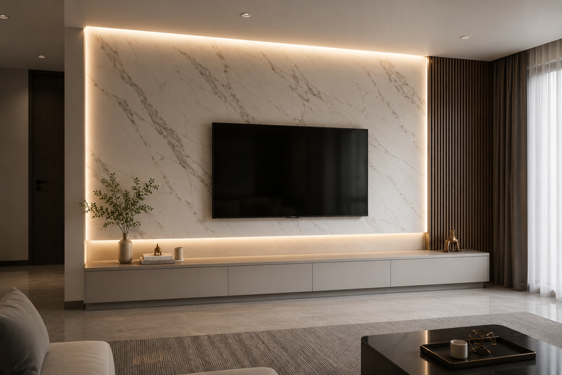Ánh đèn LED hắt sáng làm nổi bật từng đường vân đá tinh xảo