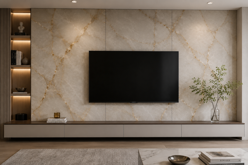Hiệu ứng xuyên sáng mô phỏng đá Onyx tạo vẻ đẹp huyền ảo cho vách tivi