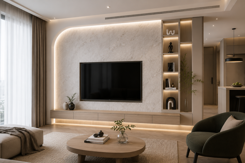 Kệ âm tường tích hợp trong vách đá giúp không gian vừa đẹp vừa tiện dụng
