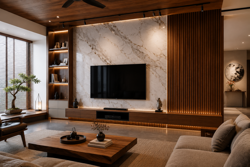 Sự phối hợp giữa đá và gỗ tạo phong cách Modern Classic tinh tế