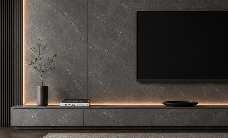 Vân đá Pietra Grey trầm ổn, dễ phối hợp với nhiều phong cách nội thất