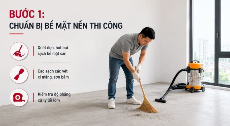 Chuẩn bị mặt bằng & vật liệu, phẳng, sạch, khô.