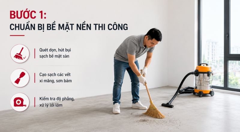 Chuẩn bị mặt bằng & vật liệu, phẳng, sạch, khô.