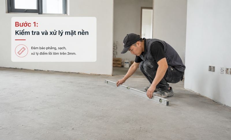 Đảm bảo phẳng, sạch, xử lý điểm lồi lõm trên 2mm.