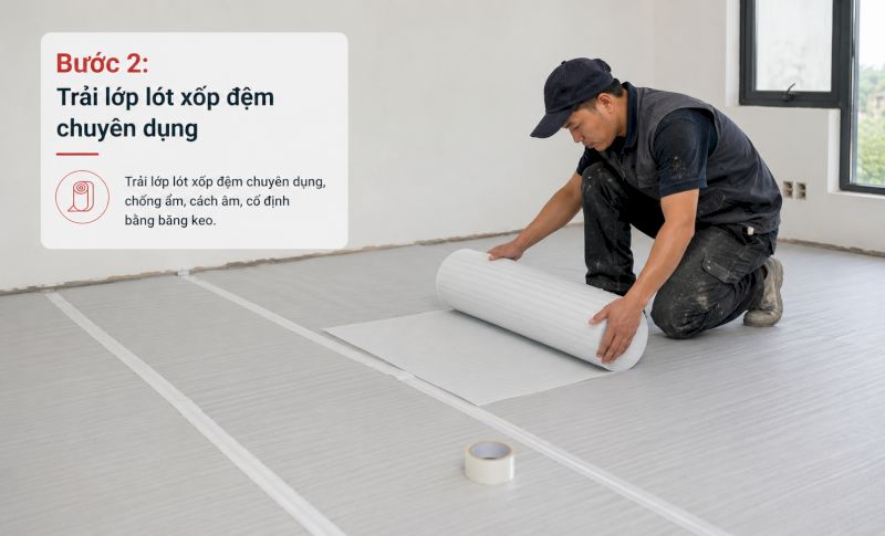 Trải lớp lót xốp đệm chuyên dụng, chống ẩm, cách âm, cố định bằng băng keo.