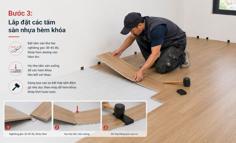 Lắp đặt các tấm sàn nhựa hèm khóa, nghiêng góc 30-45 độ, gõ nhẹ bằng búa cao su