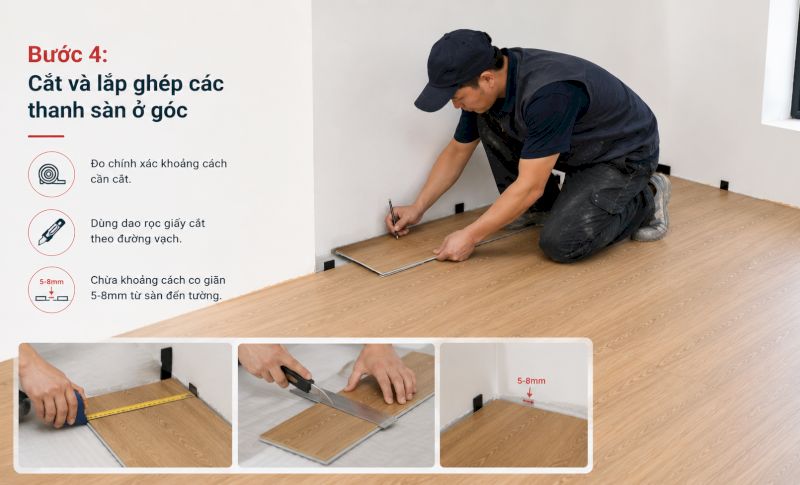 Cắt và lắp ghép thanh sàn ở góc, chừa khoảng cách co giãn 5-8mm