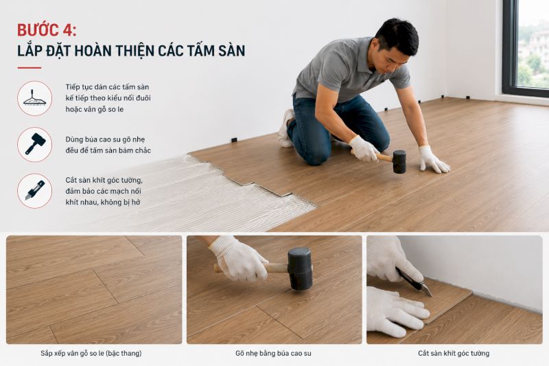 Hoàn thiện các hàng, sắp xếp vân gỗ so le, cắt sàn khít góc.