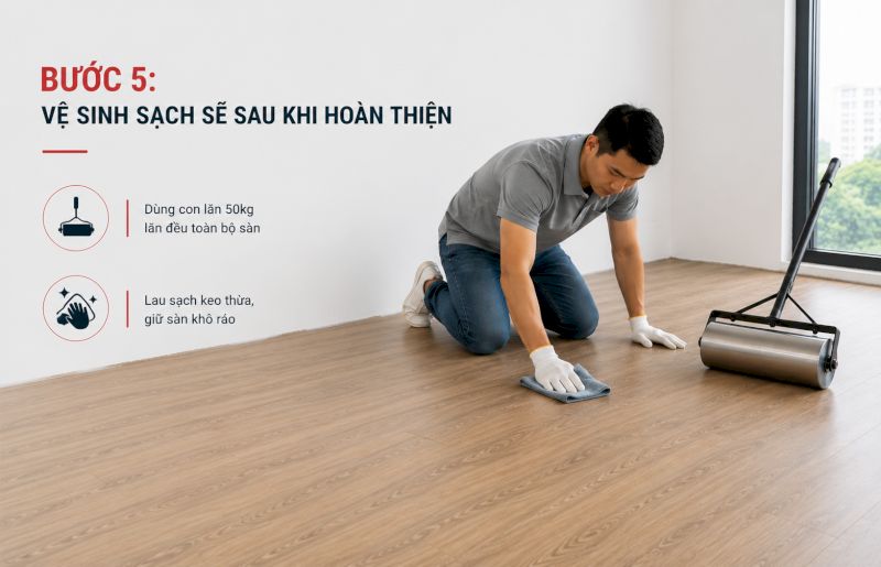 Dùng con lăn 50kg, lau sạch keo thừa và giữ khô ráo