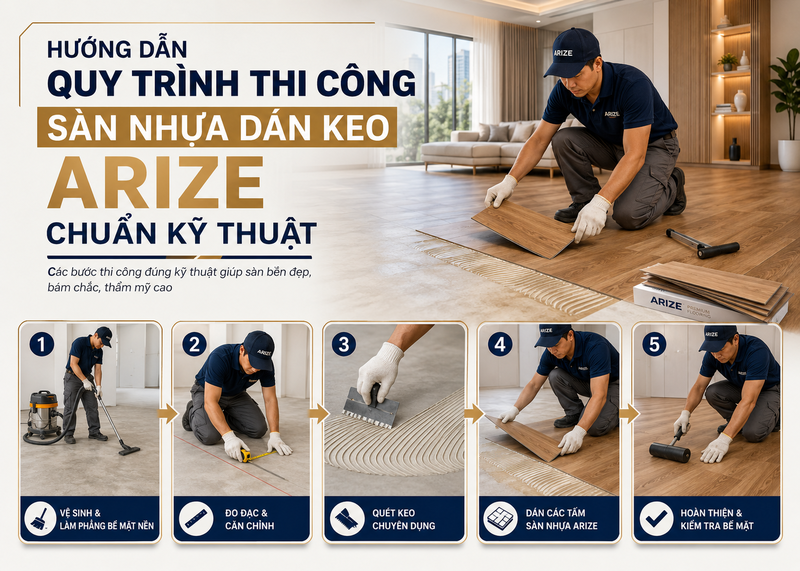 Thợ thi công đang tiến hành lắp đặt sàn nhựa dán keo đúng kỹ thuật