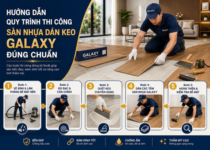 Kỹ thuật viên đang tiến hành gạt keo đều tay trước khi dán sàn nhựa
