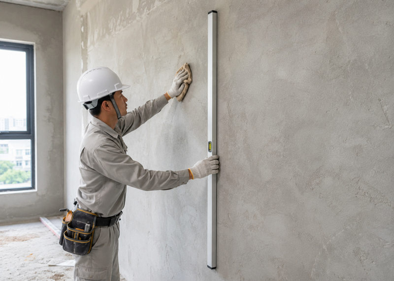 Thợ thi công đang tiến hành vệ sinh và kiểm tra độ phẳng của bề mặt tường thô trước khi ốp nhựa.